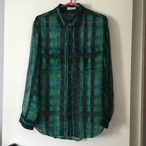 EQUIPMENT Green + Blue Print Silk Flap Pockets Shirt M